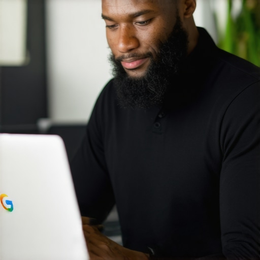 Business owner optimizing Google My Business profile on a laptop with customers nearby.