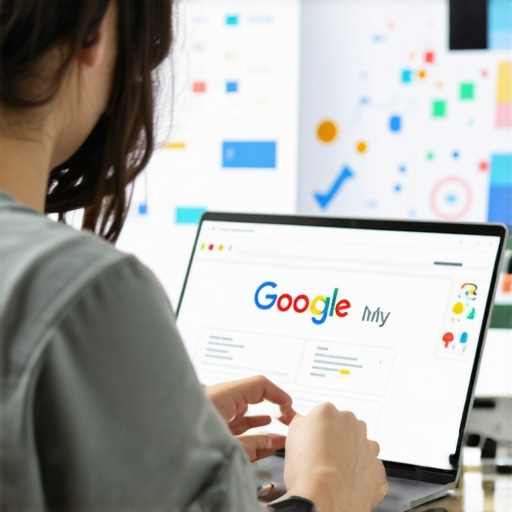 Business owner optimizing Google My Business profile on laptop with charts and maps