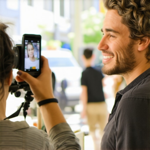 Business owner filming customer testimonial for Google profile
