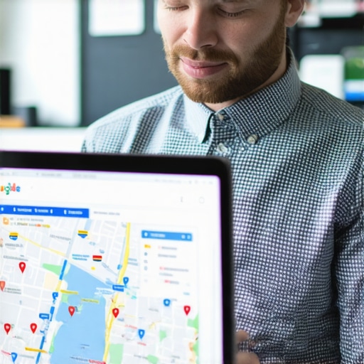 Business owner optimizing Google My Business profile on laptop for better local ranking