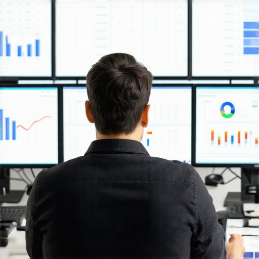 Business owner analyzing local SEO metrics on computer screens.