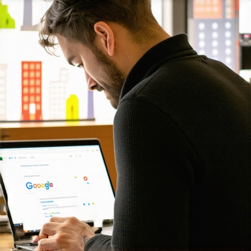 Business owner optimizing Google My Business profile on laptop with local landmarks