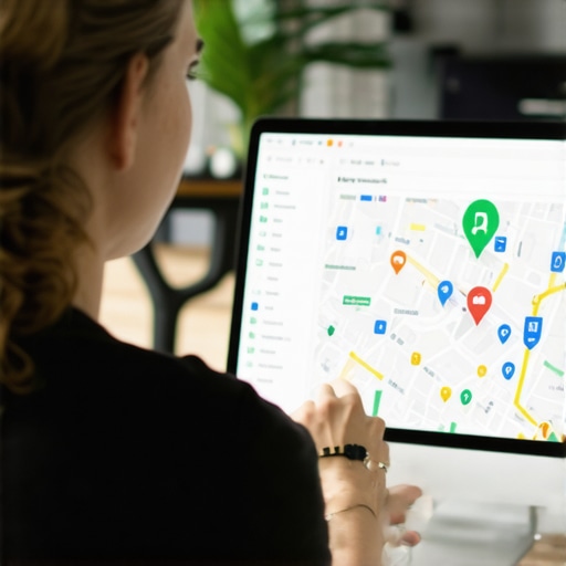 Business owner updating Google My Business profile on a laptop, local maps displayed.