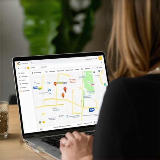 Business owner optimizes Google My Business profile on laptop related to local SEO