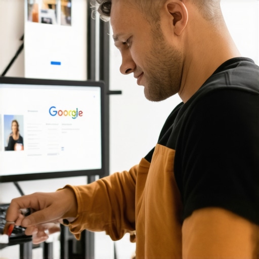 Business owner optimizing Google My Business profile with new photos and descriptions.