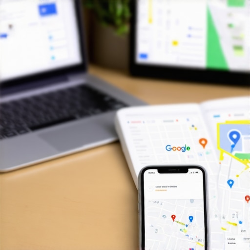 SEO Tools for Local Pack Maintenance A workspace featuring SEO and local search optimization tools on a laptop, with a smartphone showing Google Maps.
