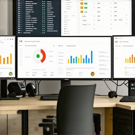 A modern workspace showing SEO tools and local ranking analytics on multiple screens.