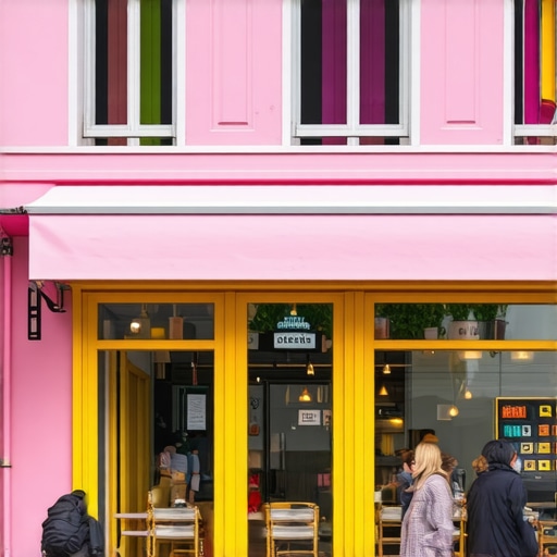 A busy storefront with outdoor dining, colorful banners, and people walking on the sidewalk.