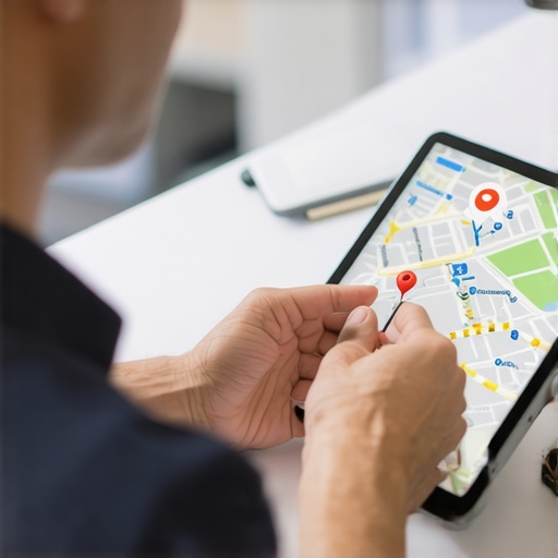 Fine-tuning Your Google Map Marker for Better Visibility Business owner precisely adjusting a map marker on a tablet for better Google Maps ranking.