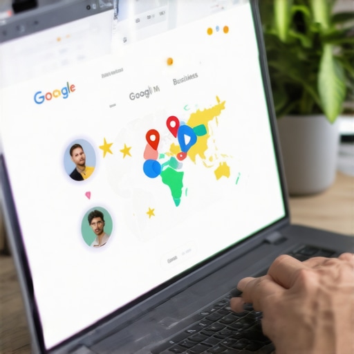Business owner editing Google My Business profile on laptop with visual indicators of reviews, photos, and map pin