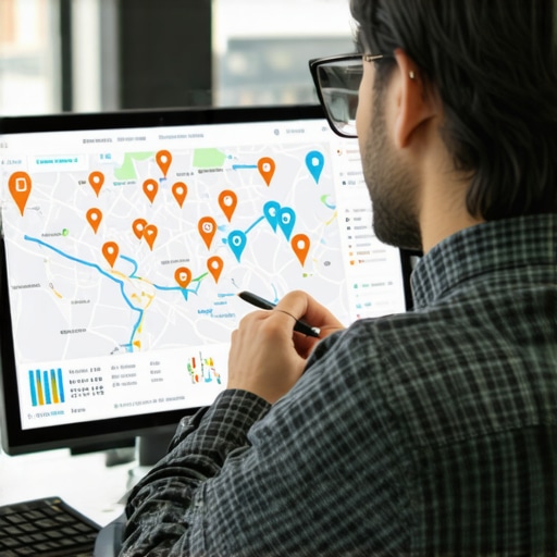 Using Data Tools to Sustain Local Map Rankings SEO expert reviewing analytics and pedestrian flow data to optimize Google Maps rankings.