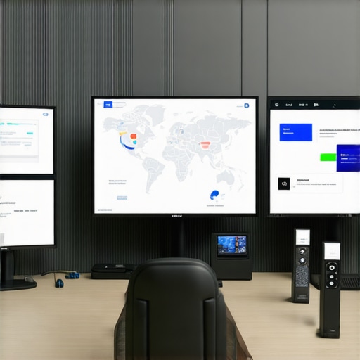 A control room with multiple IoT devices and digital maps showing signal flow