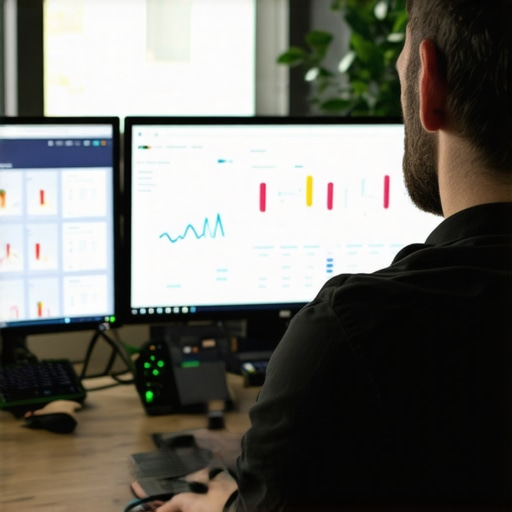 Digital marketer reviewing local SEO analytics on dual screens.