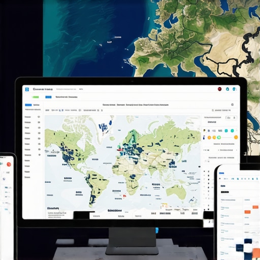 A person analyzing geo-data and spatial signals with advanced software tools on multiple monitors.