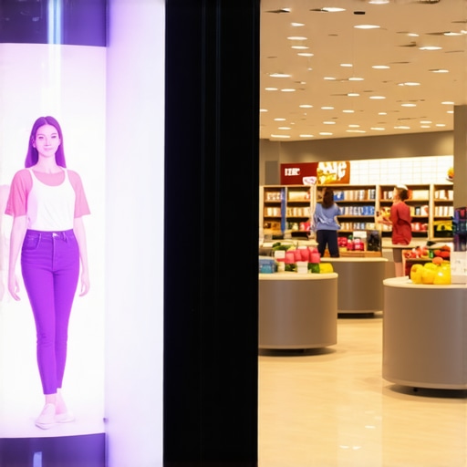 A busy retail store with sensors, digital screens, and engaged customers, demonstrating in-store motion signals enhancing local pack rank.