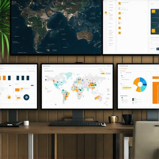 A workspace showing multiple screens with maps and SEO analytics, illustrating local pack maintenance.