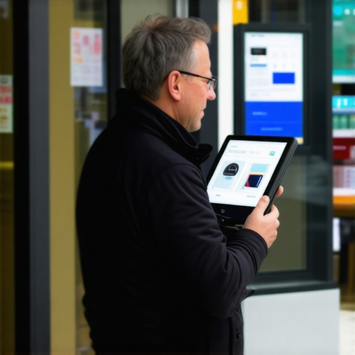 Technician performing spatial data scan near a storefront using a GPS device for local SEO verification.