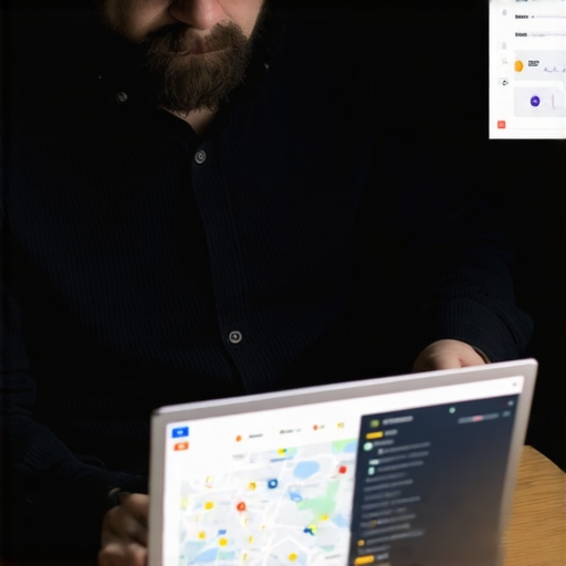 Person analyzing local SEO data and geotag accuracy with digital tools on a laptop.