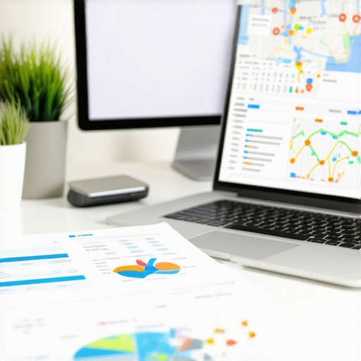 Desk setup with SEO analytics and local ranking software display.