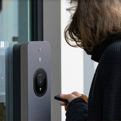 Person calibrating smart sensor device outside a business for local SEO signals