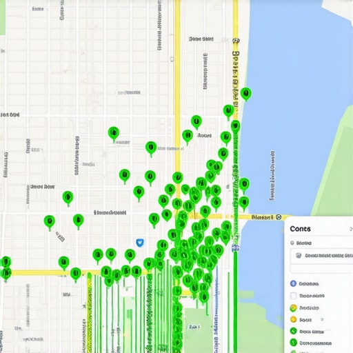 A grid-based rank tracking tool showing top google maps positions across a city map.