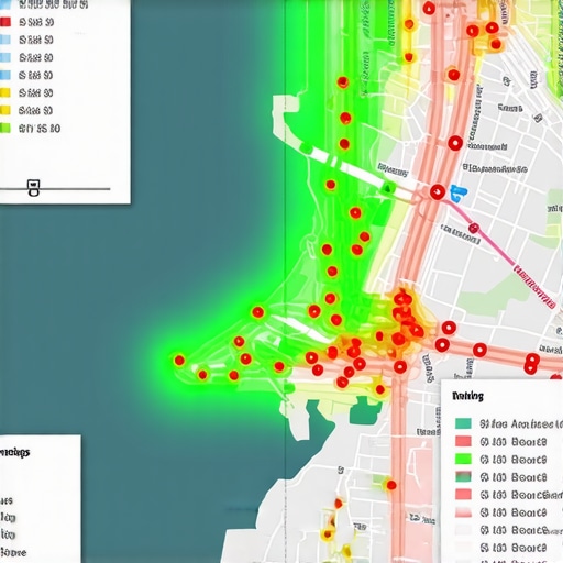 A digital heatmap showing local search visibility and ranking density across a city.