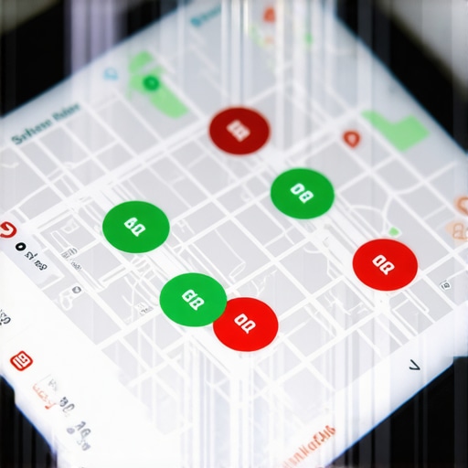 A tablet displaying a local search rank tracking grid with colored pins for map optimization.