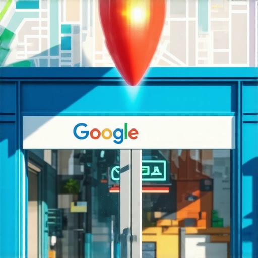 A conceptual image showing a 3D business storefront with a glowing map pin and data streams indicating high local search authority.