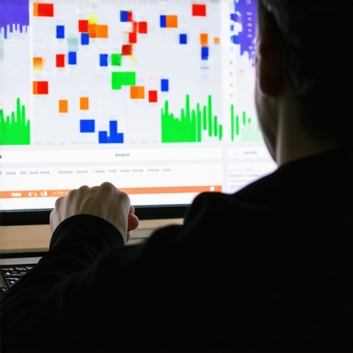 A digital marketer reviewing local SEO ranking data and heatmaps on a computer screen.