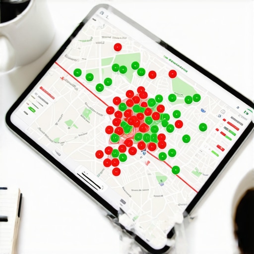A digital tablet showing a local search ranking heatmap used for local pack optimization.
