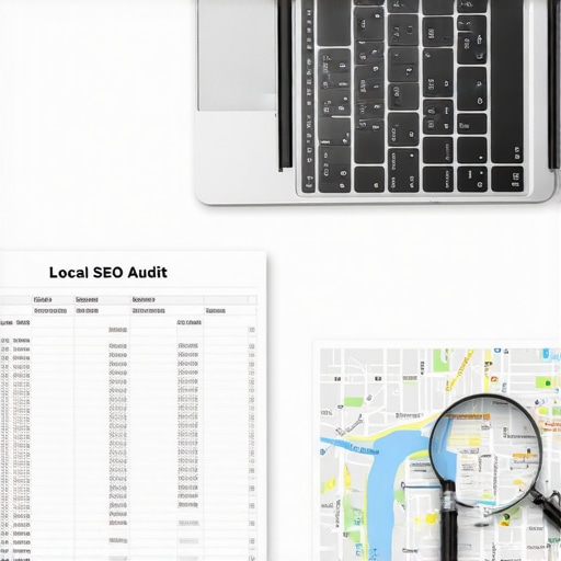 A desk with a laptop and a magnifying glass over a city map for a local SEO audit.