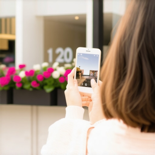 A business owner taking a fresh storefront photo to update their Google Business Profile for better local ranking.