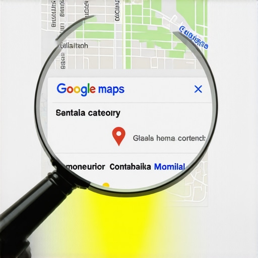 Close up of a magnifying glass inspecting business categories in a Google Maps local pack search result.