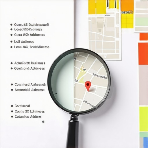 A magnifying glass over a map and business documents showing local SEO audit steps