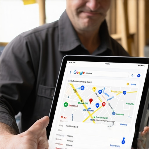 A contractor using a tablet to check their roofing business rank in the Google Maps 3-pack.