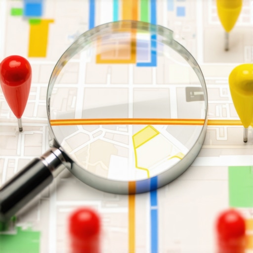 Deep dive into local map ranking signals A magnifying glass analyzing a Google Maps business pin to show local ranking competition.
