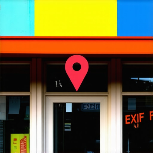 Digital Metadata Overlay on Business Photo Visualization of EXIF data and GPS coordinates being embedded into a local business photograph for SEO.