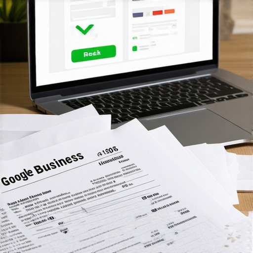 Professional business documents and a verified Google Business profile status on a laptop screen.