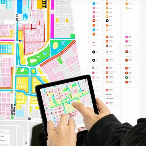 A digital map showing local 3-pack ranking positions across different GPS coordinates in a city.
