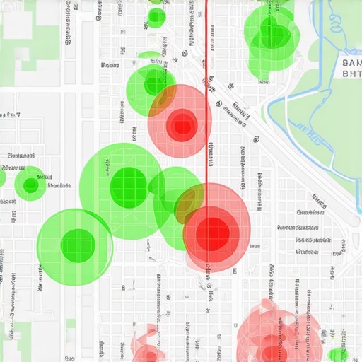 A digital map with green and red dots showing how local pack rankings change by city block.