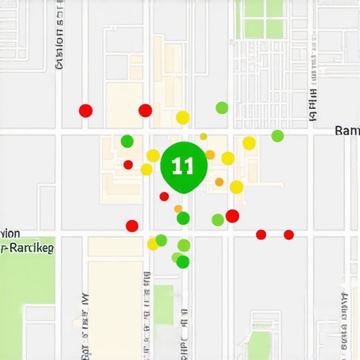 A visual representation of local search rankings across a geographical area using a colored grid system.
