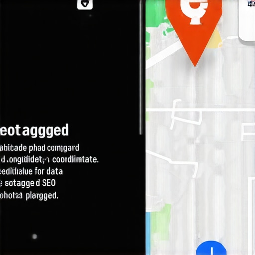 A smartphone screen showing the latitude and longitude metadata on a business photo to boost map rankings.