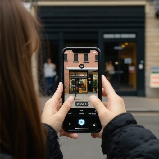 A business owner using a smartphone to capture a geotagged photo of their storefront sign to improve local pack rankings.