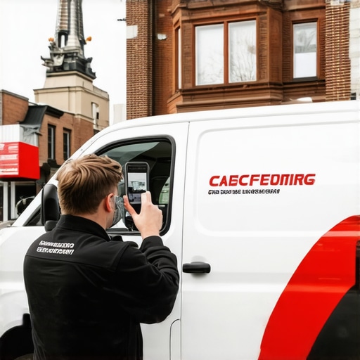 Geotagging local service photos for search authority Service van parked at a local landmark for geotagged SEO photo proof