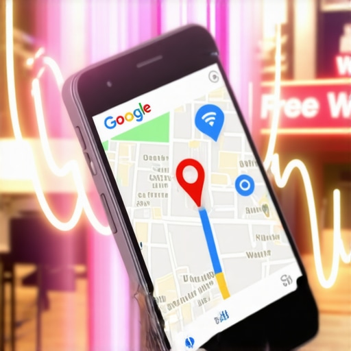 A smartphone showing local pack results next to a Wi-Fi router in a physical store location.