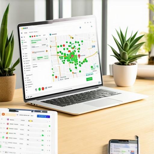 A laptop screen showing a local search ranking heatmap with green visibility markers across a city map.