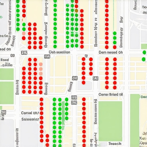 A visual map showing rank tracking dots across a city neighborhood for local SEO audit.