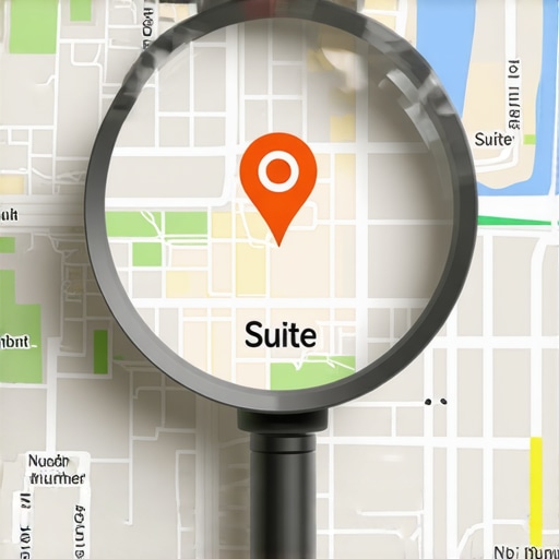 A magnifying glass inspecting address suite number errors on a digital map for local pack optimization.