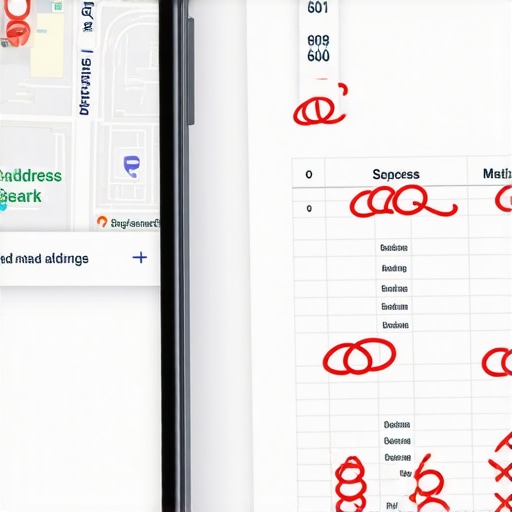 Identifying local SEO data discrepancies A smartphone showing Google Maps results next to a spreadsheet of NAP errors.
