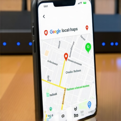 A smartphone showing local search results next to a Wi-Fi router representing proximity ranking signals.